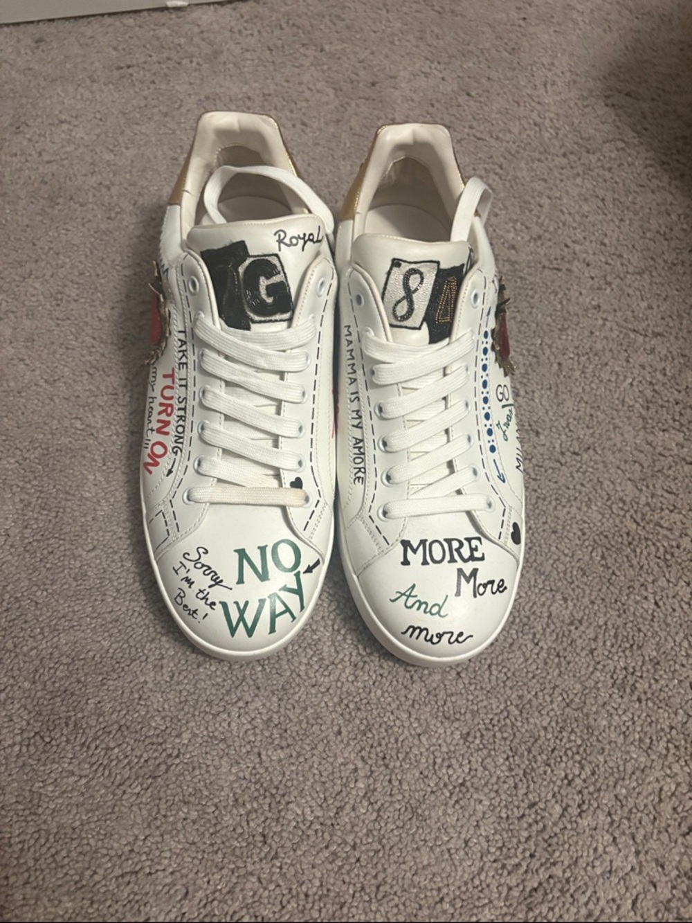 Dolce & Gabbana White Leather Graffiti Sneakers with Black and Green Accents